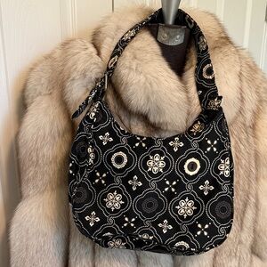 Thirty-One Black and Cream Onyx Medallion/filigree Pattern Floral Shoulder Bag